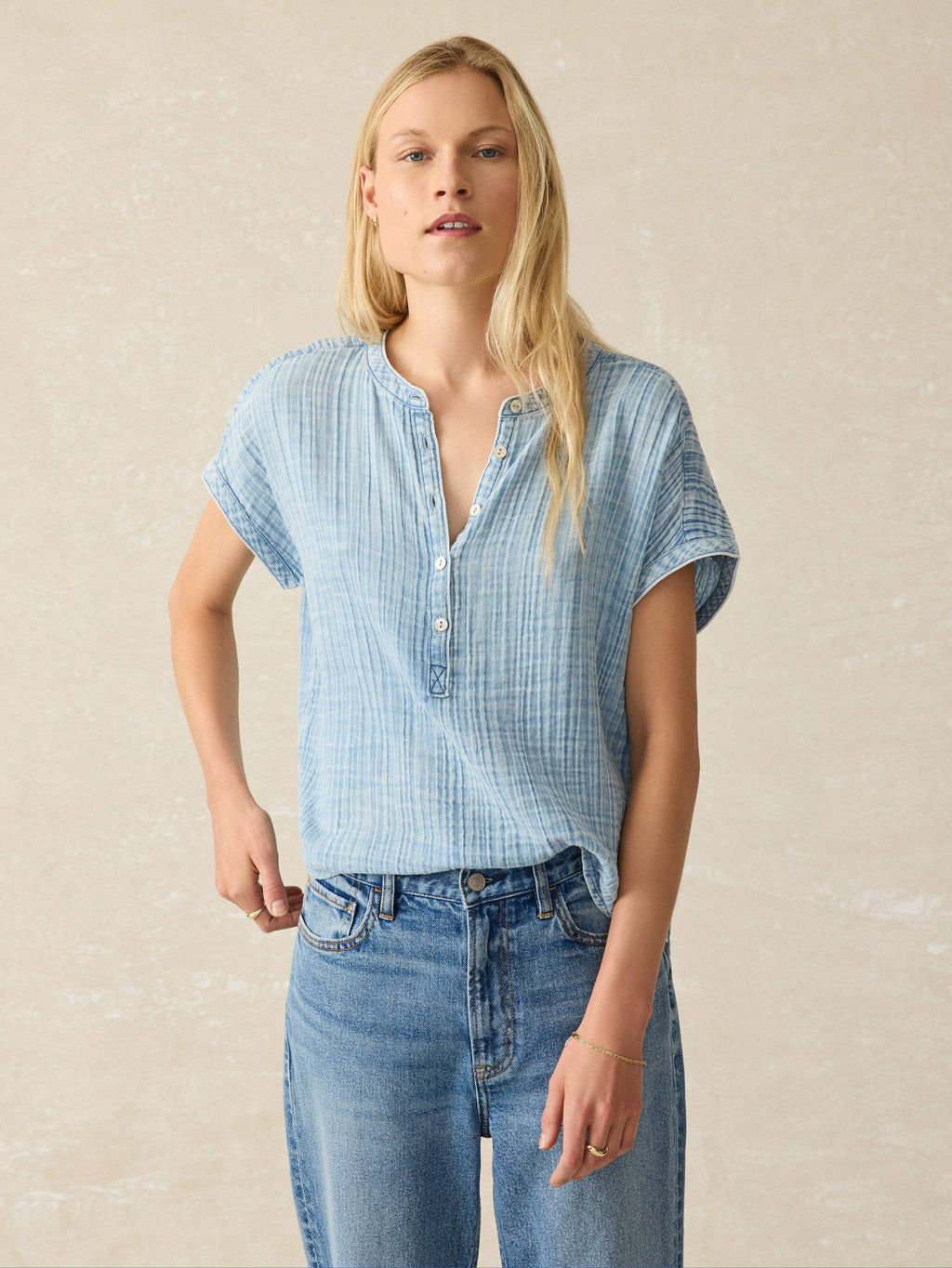 Dune Cotton Gauze Desmond Top - Light Indigo Wash