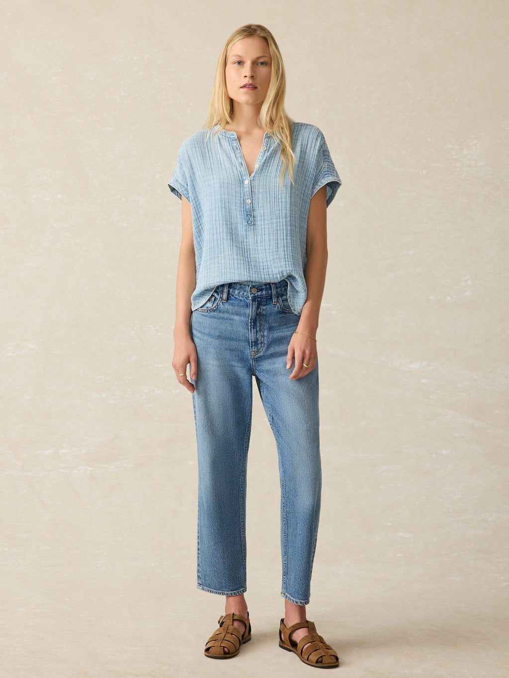 Dune Cotton Gauze Desmond Top - Light Indigo Wash